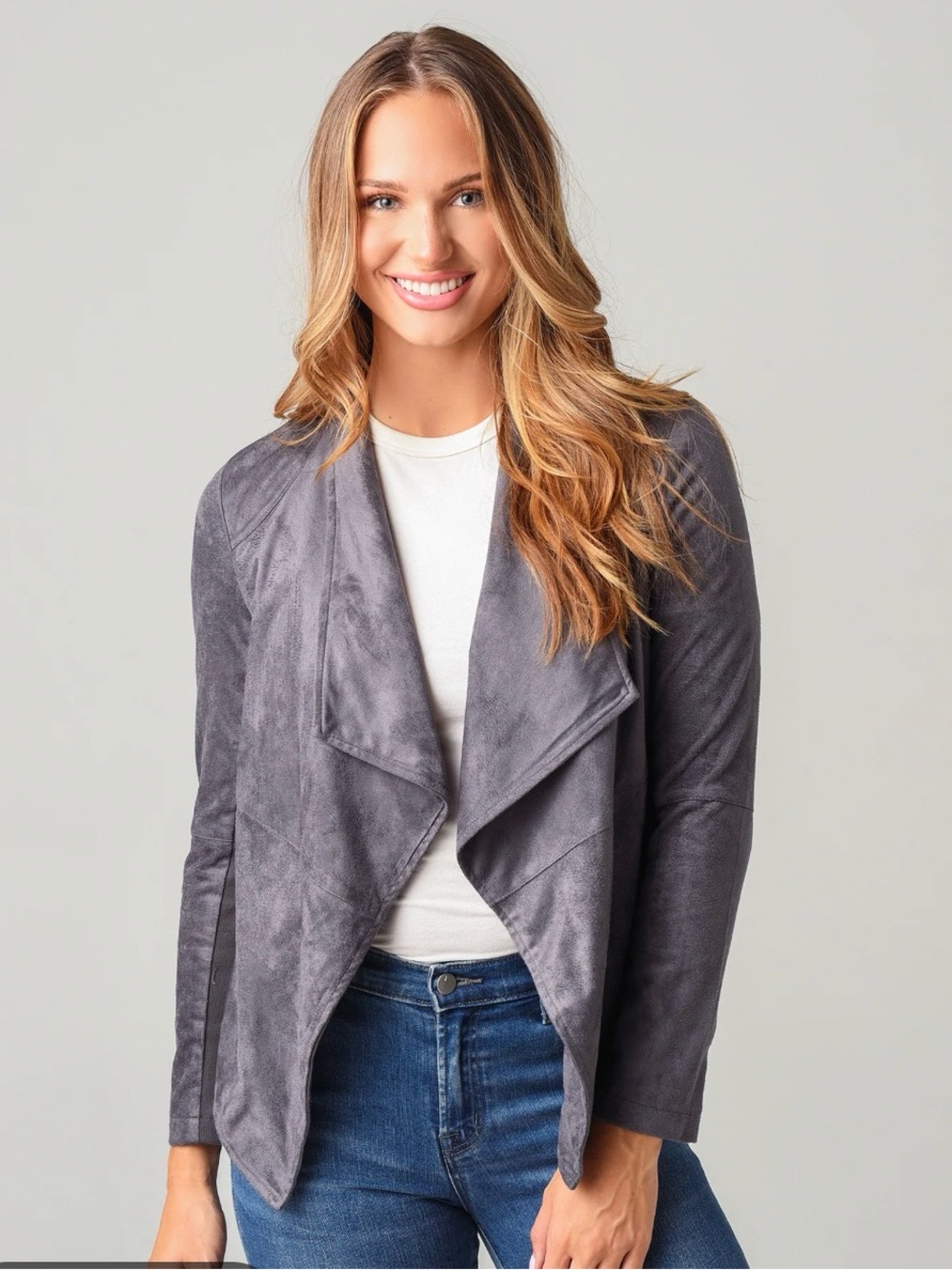 BB Dakota Wade Faux Suede Draped Jacket Gray Size Large